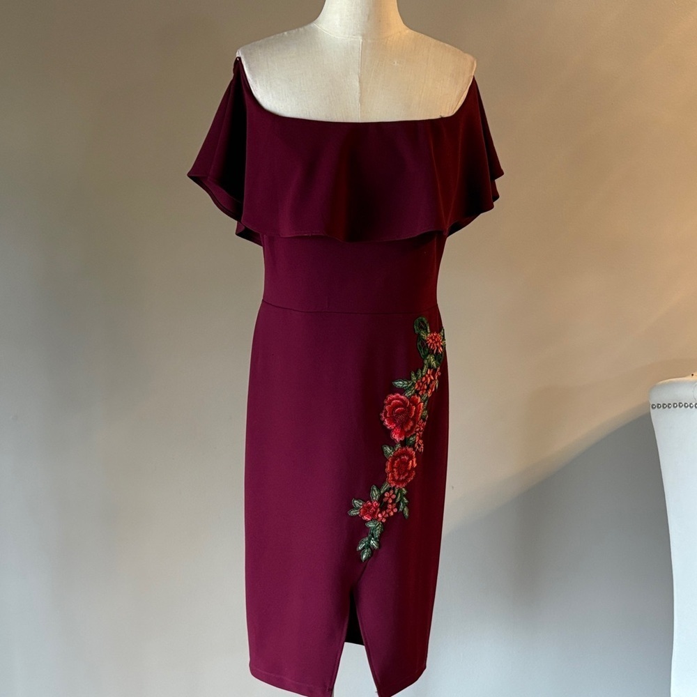 Burgundy Off-Shoulder bodycon frill midi party Dress Floral Embroidery appliqué
